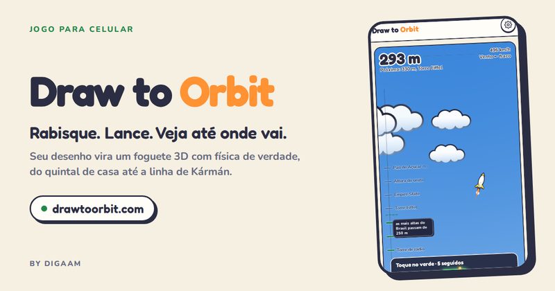 Arte do Draw to Orbit com a tela do jogo e o foguete subindo.