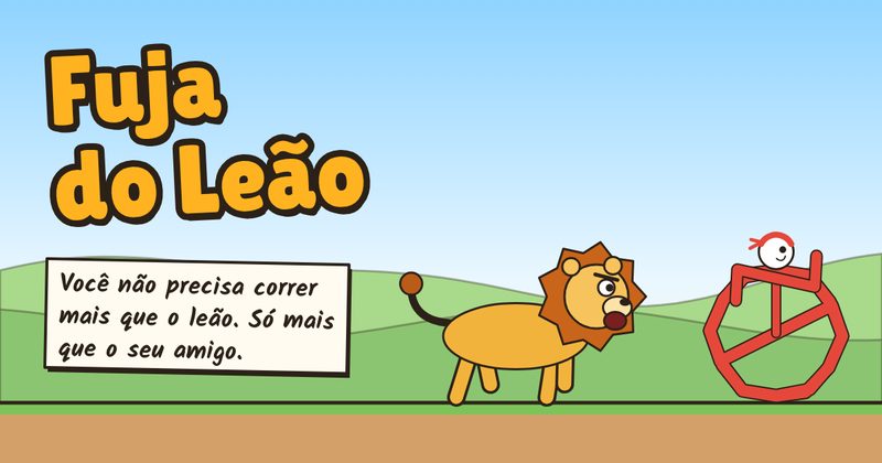 Arte do Fuja do Leão com o leão correndo atrás do boneco desenhado.